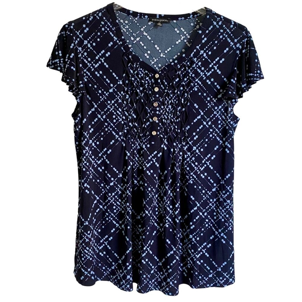 Ava & Grace Short Sleeve Quarter Button Black Blue Short Sleeve Top Medium NEW